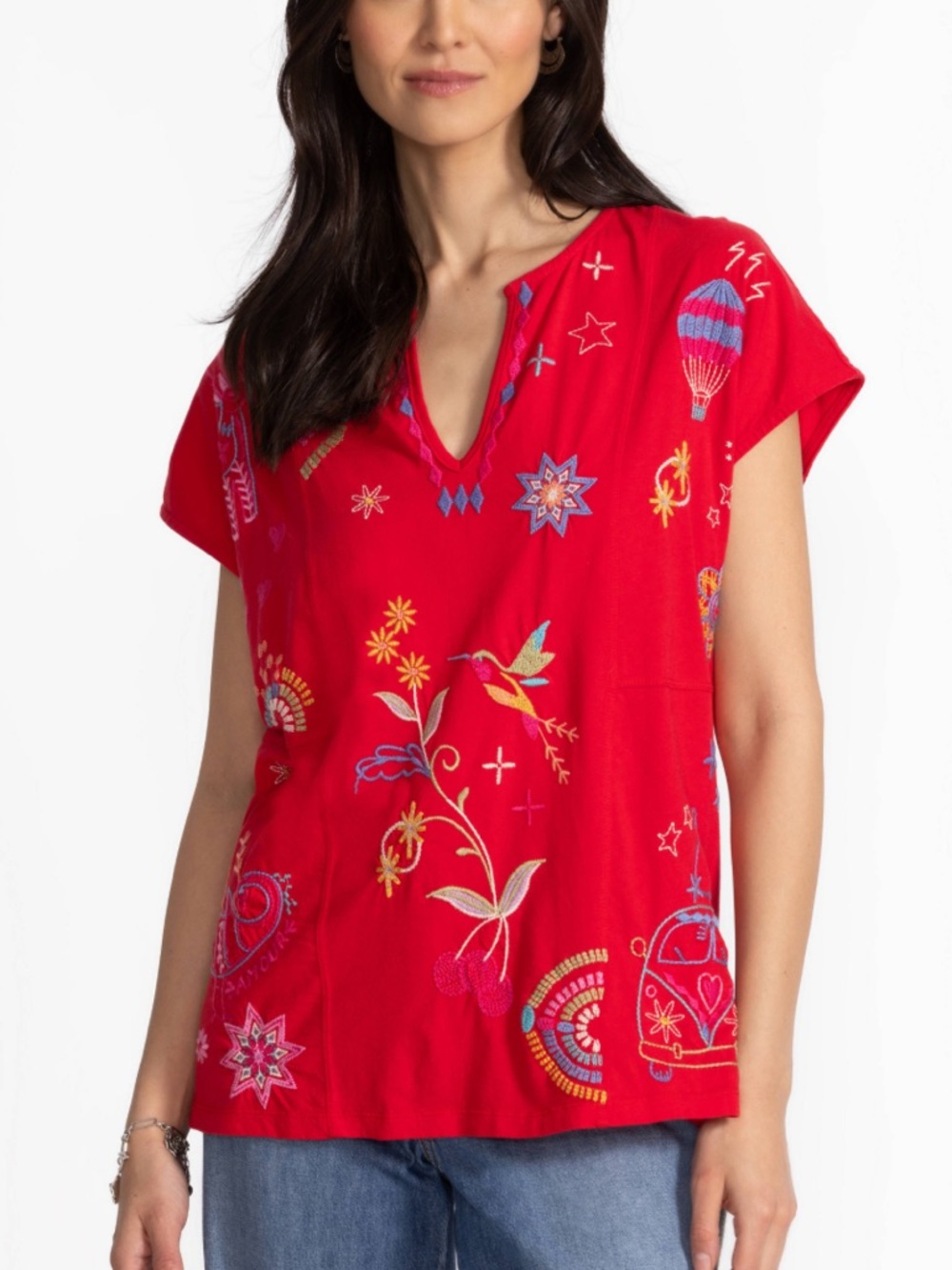 Johnny Was Red Embroidered V-Neck Tunic Top